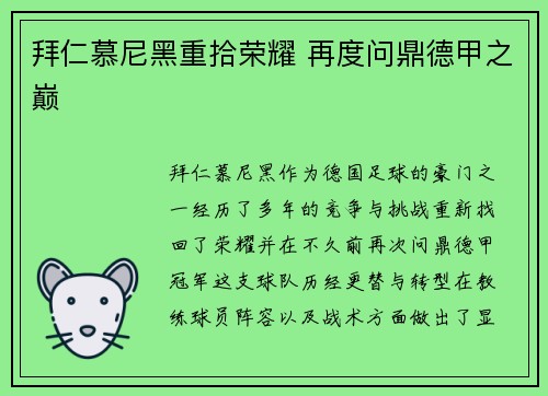拜仁慕尼黑重拾荣耀 再度问鼎德甲之巅