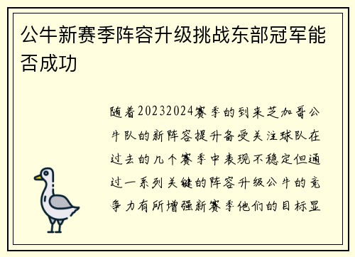 公牛新赛季阵容升级挑战东部冠军能否成功